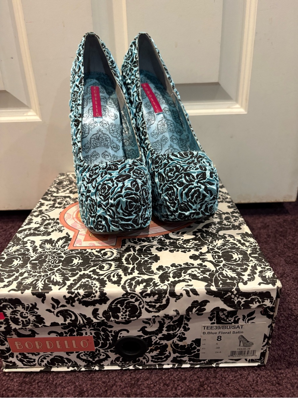 Bordello Blue Floral Satin Platform Pumps - Women's Size 8